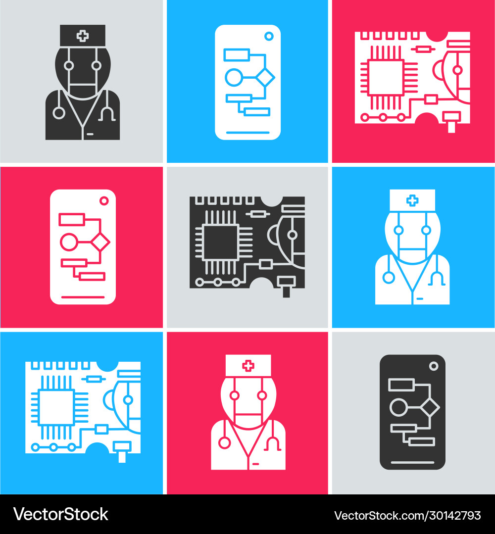 Set robot doctor algorithm and printed circuit Set robot doctor algorithm and printed circuit vector image