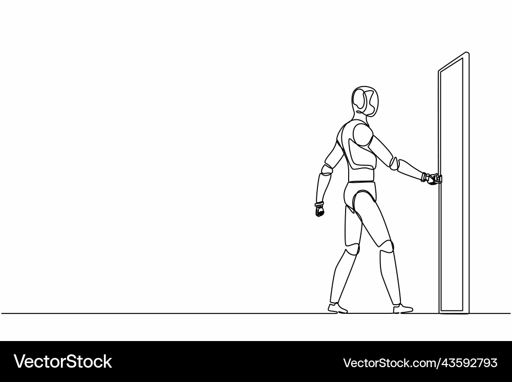 Single continuous line drawing robots holding Single continuous line drawing robots holding vector image