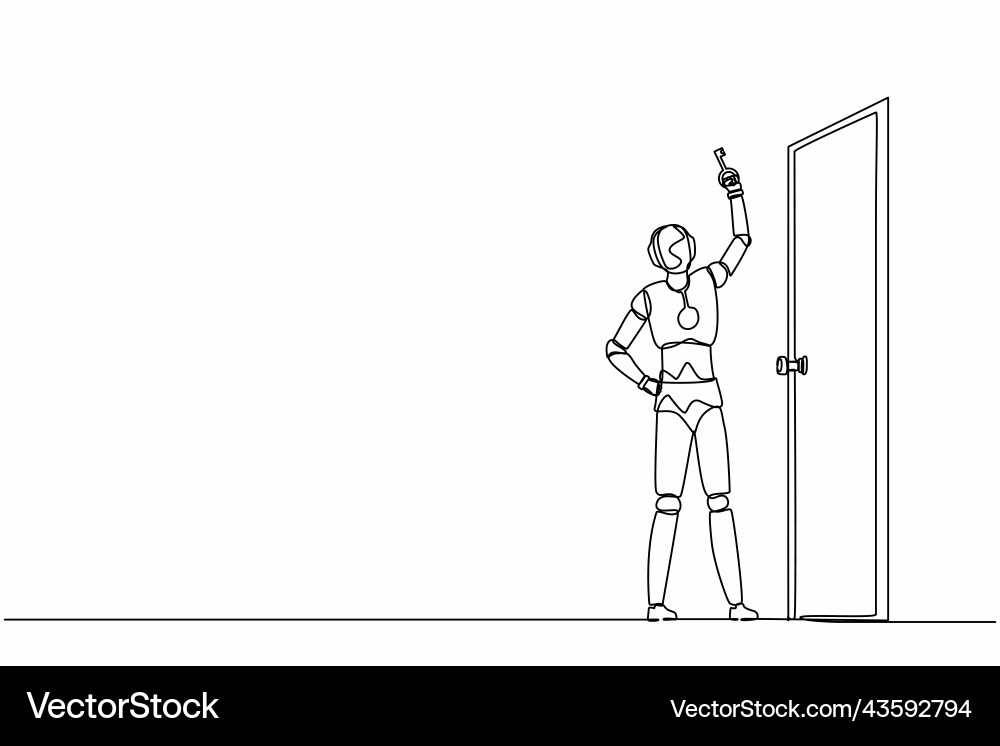 Single one line drawing robot lifting up key Single one line drawing robot lifting up key Vector Image