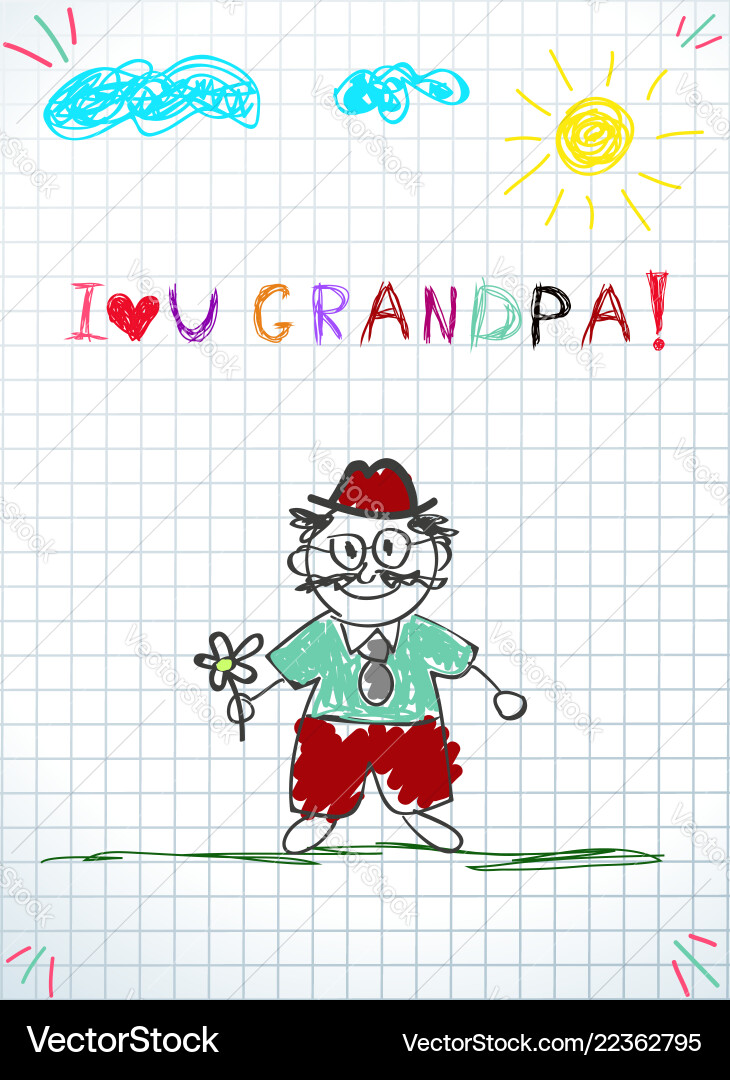 Kinder bunte Hand gezeichnet von grandpa halten Blume Kinder bunte Hand gezeichnet von grandpa halten Blume vektorbild