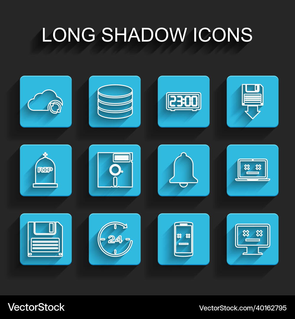 Set line floppy disk clock 24 hours cloud sync vector image
