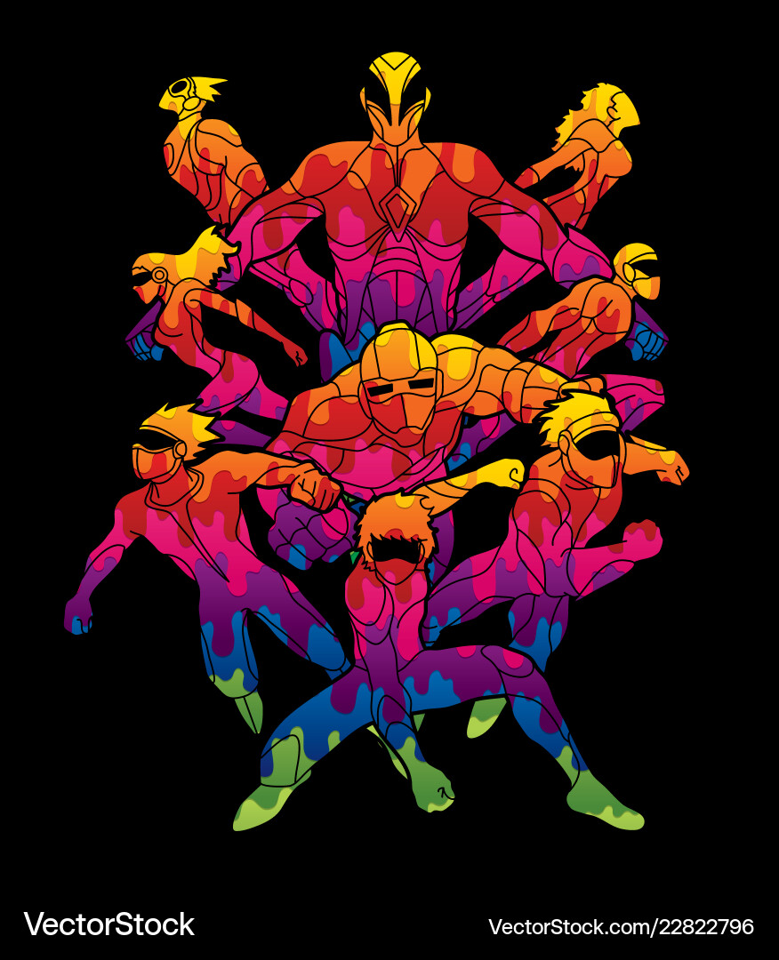 Group of super heroes action unity together team Group of super heroes action unity together team vector image
