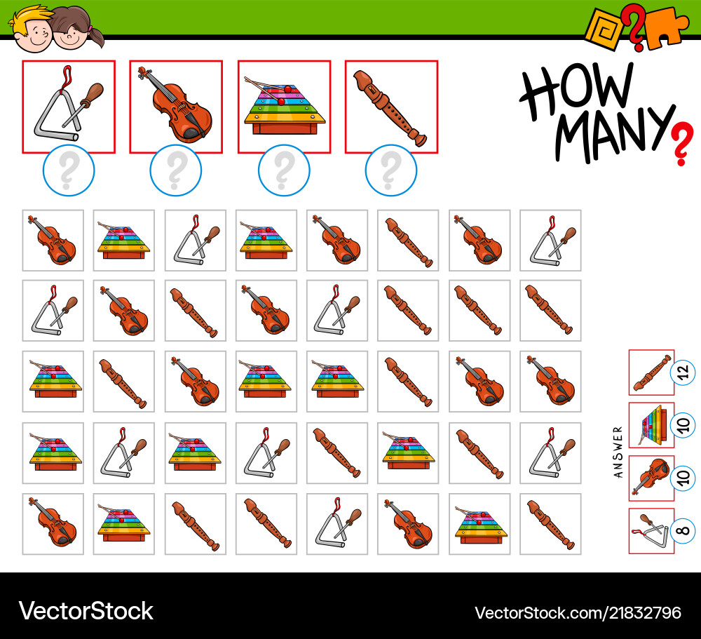 How many musical instruments counting game How many musical instruments counting game vector image