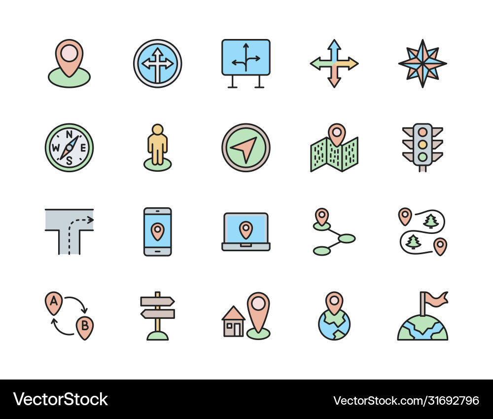 Set navigation color line icons compass Vector Image