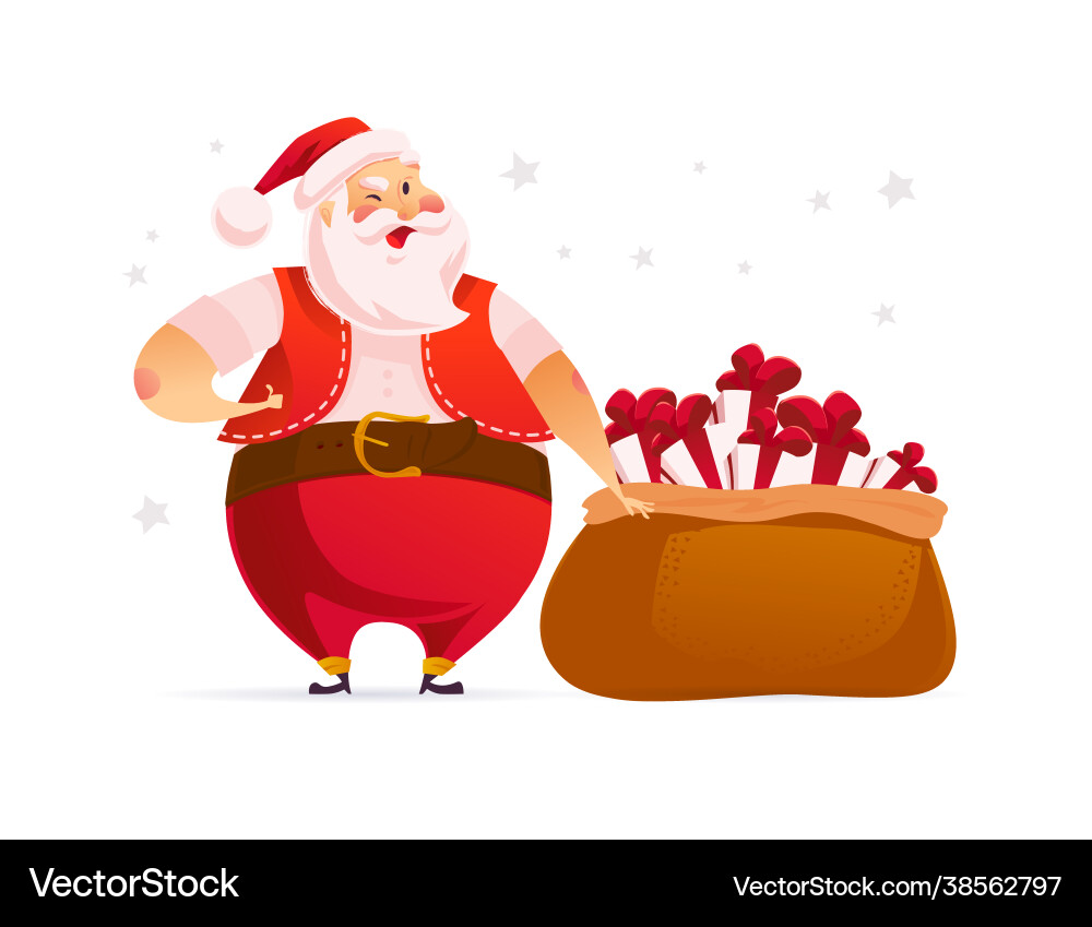 Funny santa claus character near big bag Vector Image