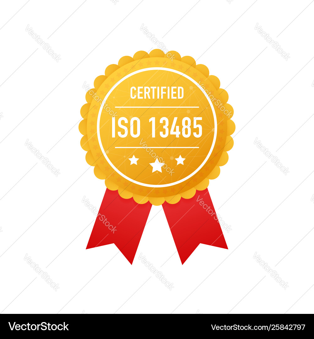Iso 13485 certified golden label on white Iso 13485 certified golden label on white vector image