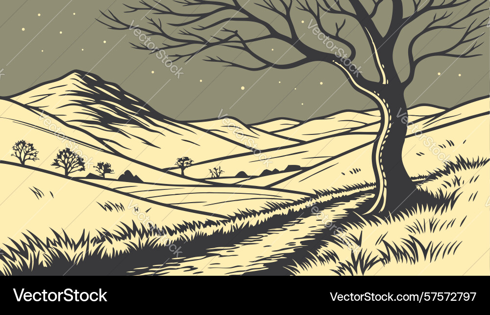 Lone tree in open landscape with winding path vector image