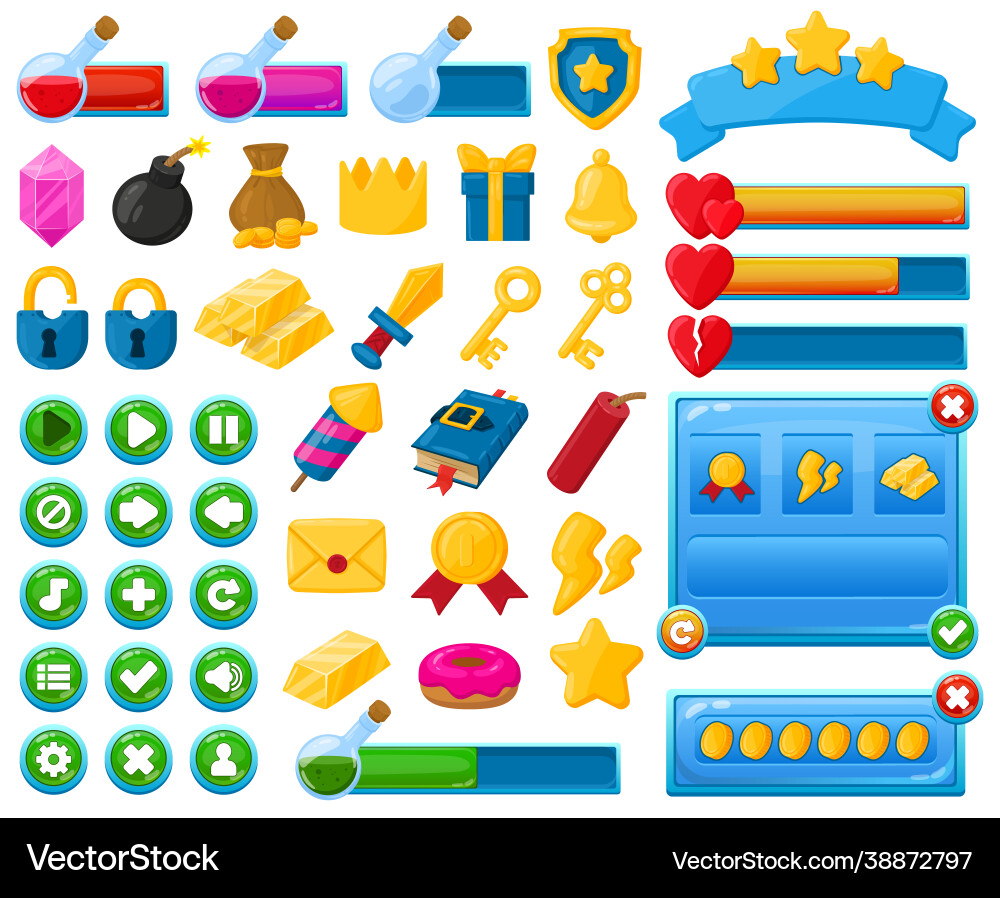 Mobile Game UI Elemente - Icons & Buttons Vektorbild