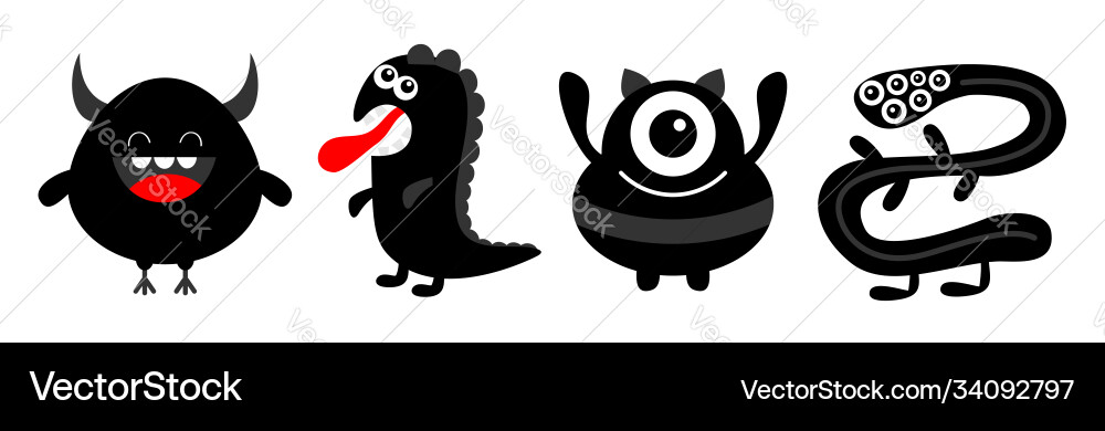Monster black silhouette set line dino snake Monster black silhouette set line dino snake vector image
