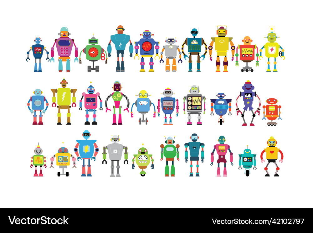 Set of different cartoon robots characters Set of different cartoon robots characters Vector Image
