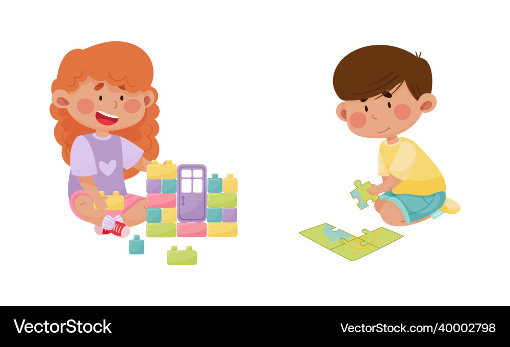 Children Playing with Blocks and Puzzle vector image