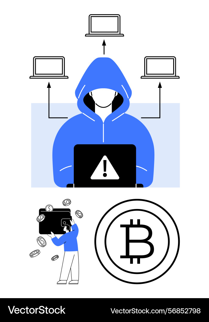 Hacker in blue hoodie with multiple laptops Hacker in blue hoodie with multiple laptops vector image