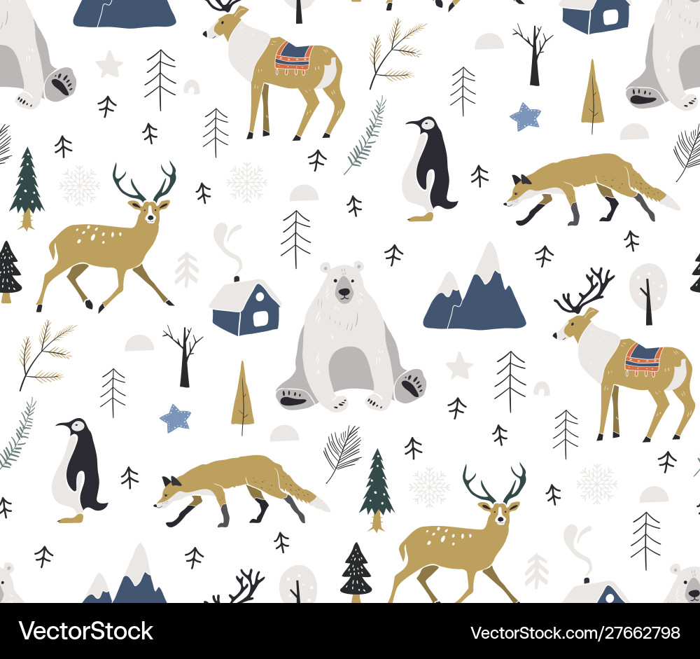 Hand drawn scandinavian animals in forest Hand drawn scandinavian animals in forest vector image