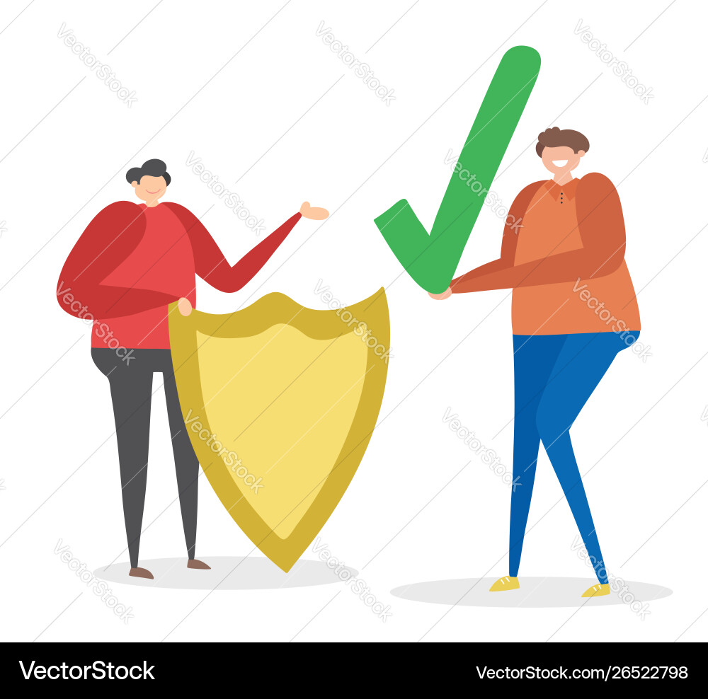 Man with shield and other holding check mark Man with shield and other holding check mark Vector Image