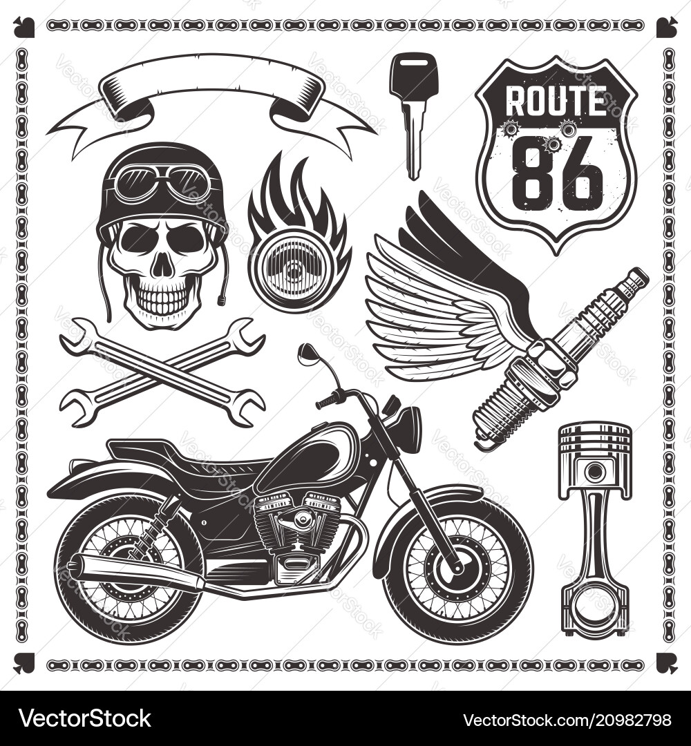 Motorrad und Attribute von Biker-Elementen Motorrad und Attribute von Biker-Elementen vektorbild