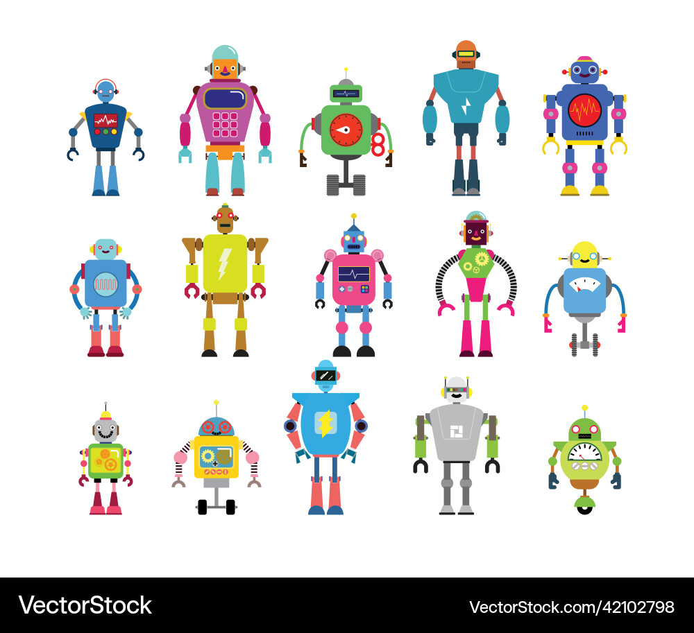 Set of different cartoon robots characters Set of different cartoon robots characters Vector Image