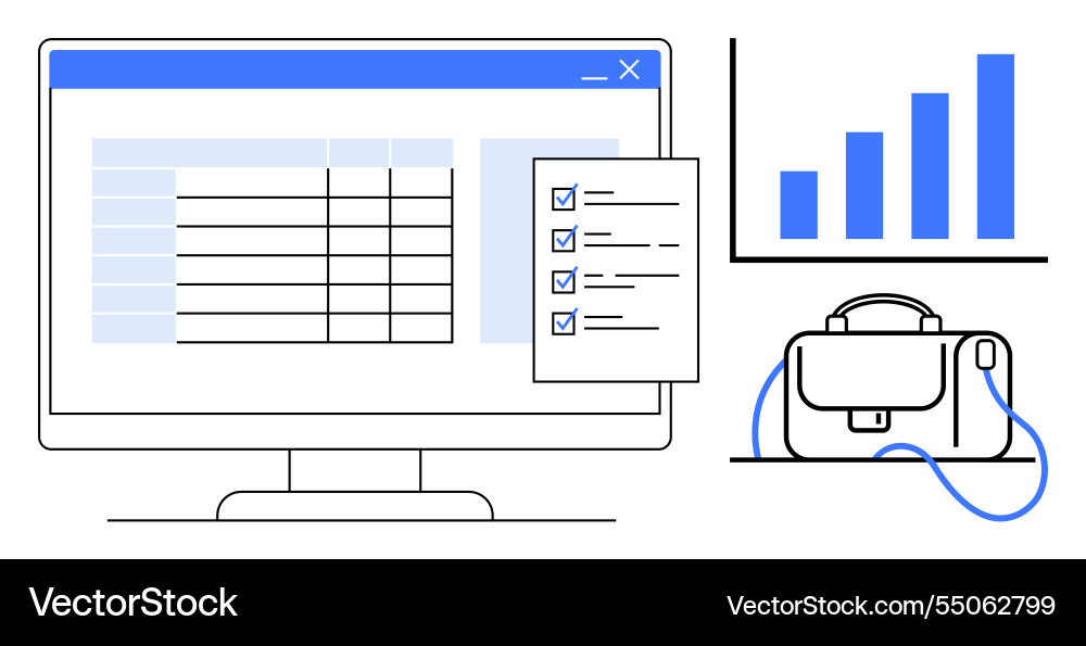 Business desk elements computer with spreadsheet Business desk elements computer with spreadsheet vector image