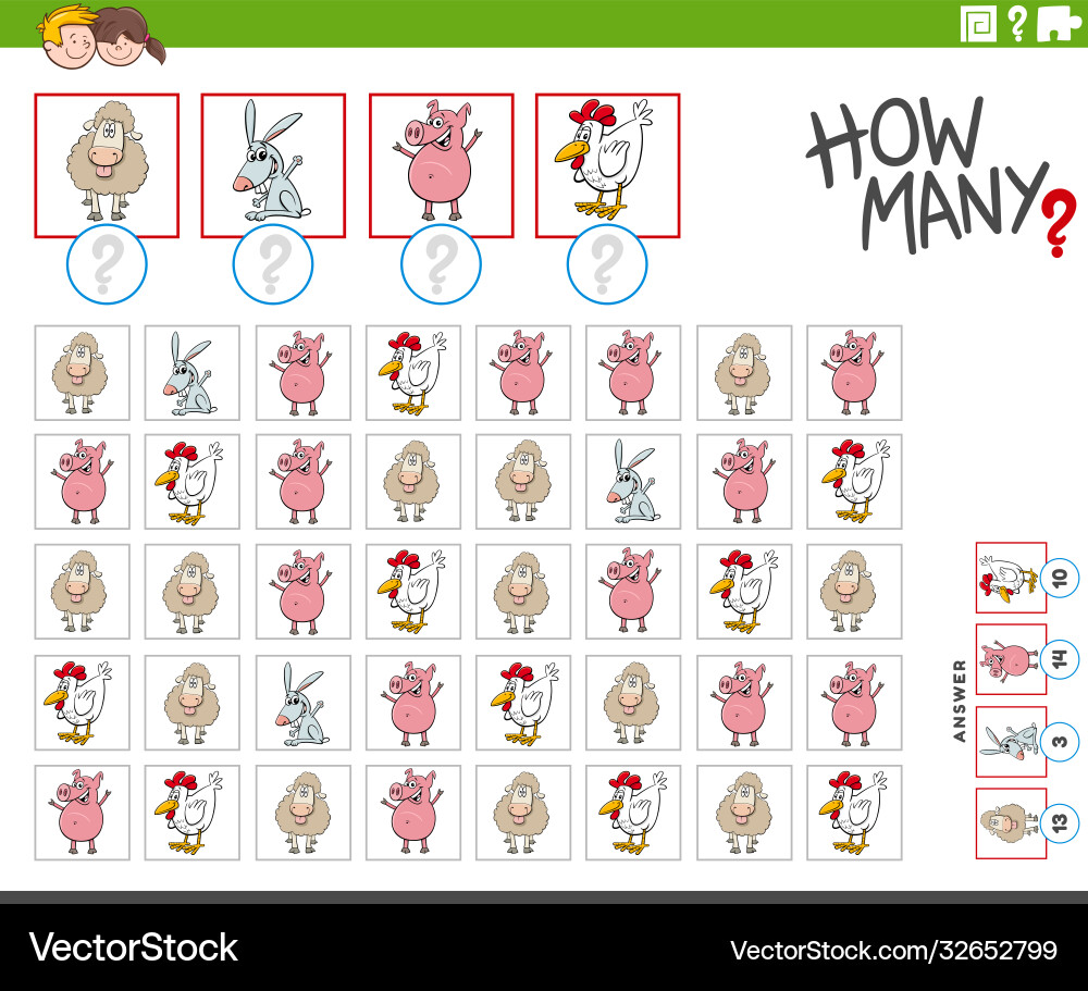 How many farm animal characters counting task How many farm animal characters counting task vector image