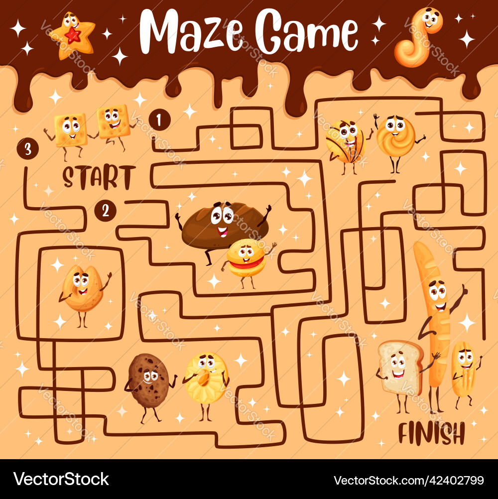 Labyrinth maze game of cartoon bakery characters Labyrinth maze game of cartoon bakery characters vector image