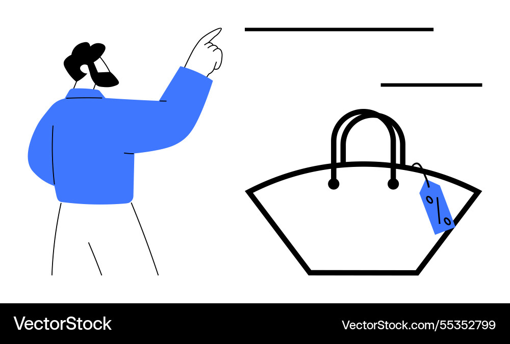 Man pointing at a handbag with price tag Man pointing at a handbag with price tag vector image