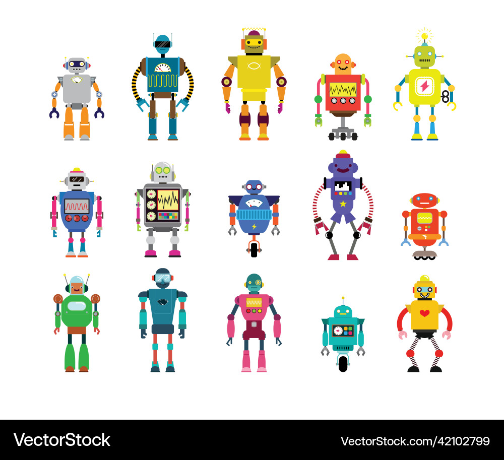Set of different cartoon robots characters Set of different cartoon robots characters Vector Image