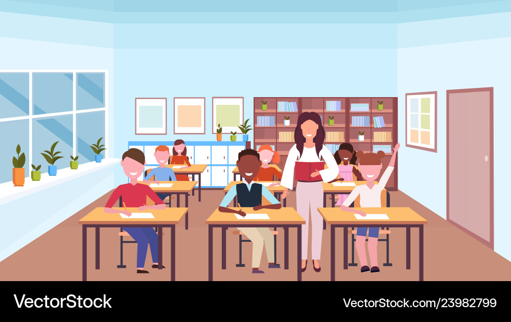 Woman teacher reading book during lesson mix race Woman teacher reading book during lesson mix race vector image