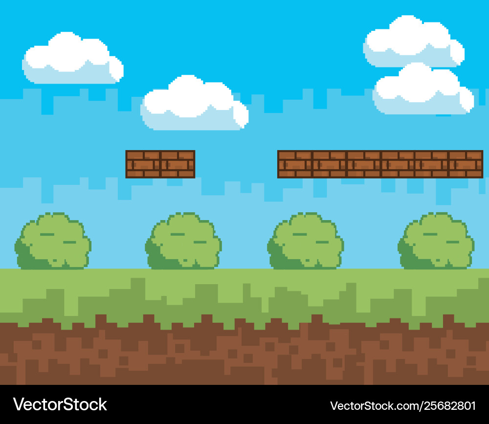Arcade game world and pixel scene design vector image