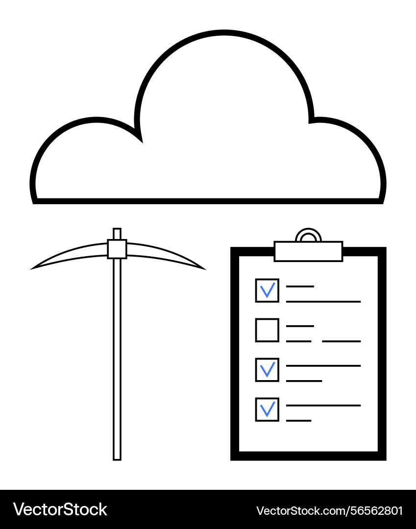 Cloud storage concept with pickaxe and checklist Cloud storage concept with pickaxe and checklist vector image