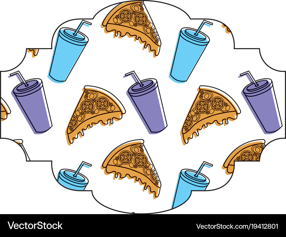 Frame with pizza and soda pattern background Vector Image