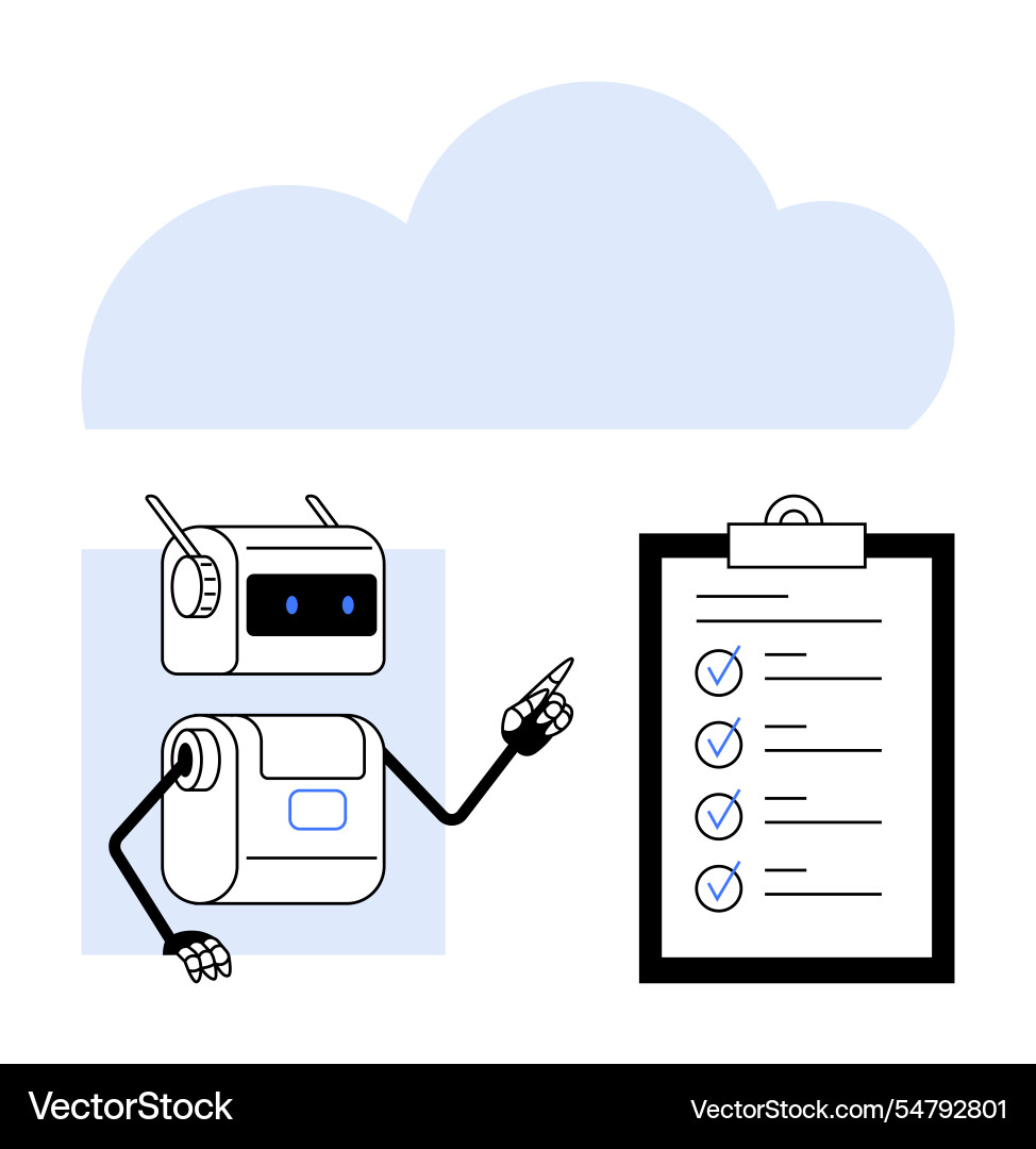 Robot pointing at checklist below blue cloud shape Robot pointing at checklist below blue cloud shape vector image