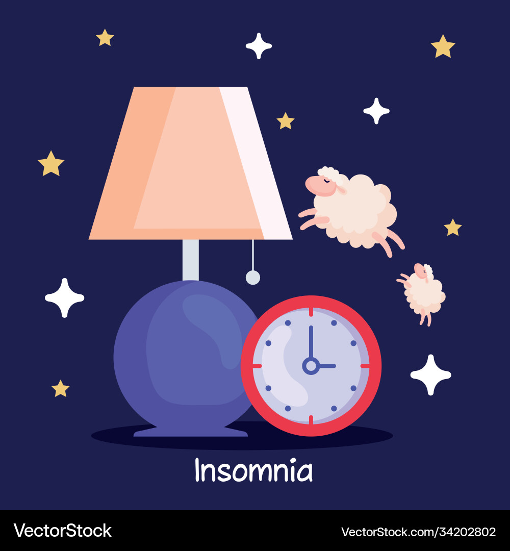 Insomnia clock lamp and sheeps design Insomnia clock lamp and sheeps design vector image