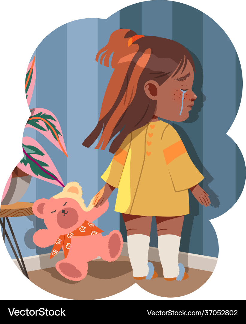 Little girl standing with teddy bear crying afraid Little girl standing with teddy bear crying afraid vector image