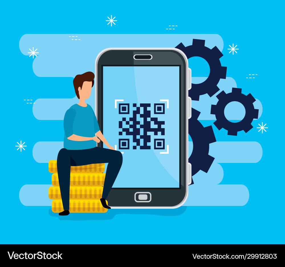 Code qr in smartphone with businessman and icons Code qr in smartphone with businessman and icons Vector Image
