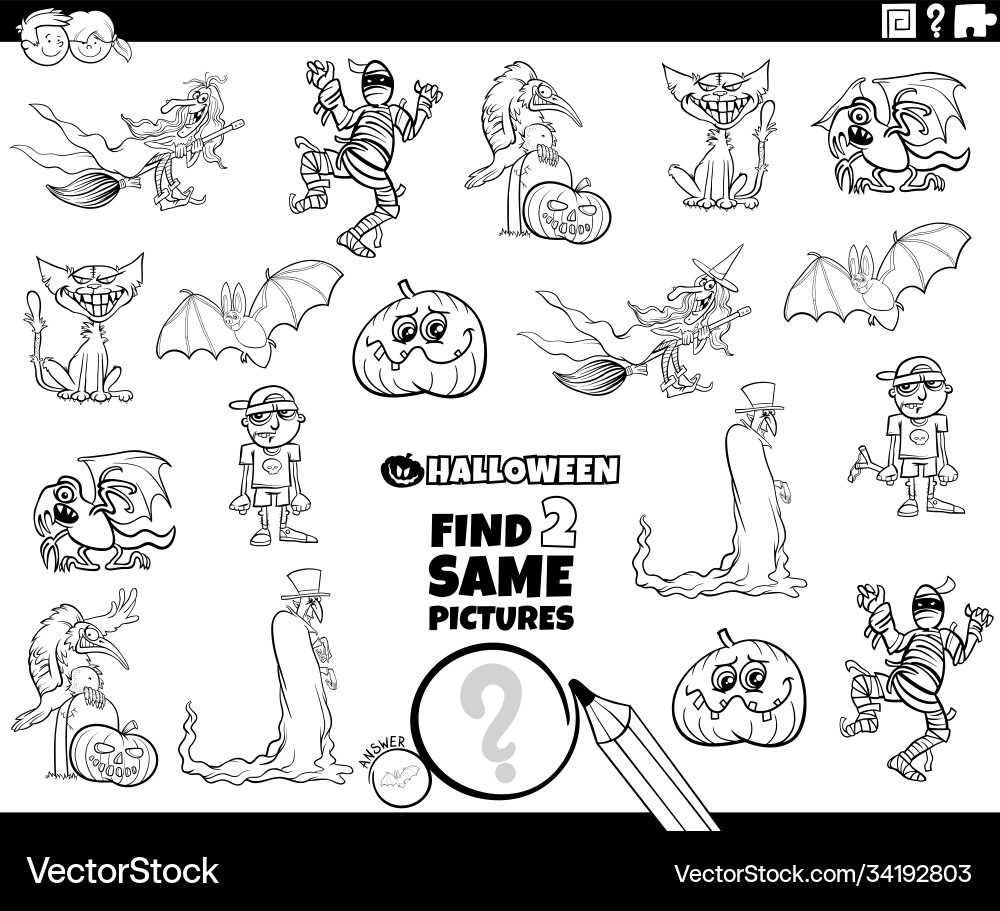 Find two same halloween characters game coloring vector image