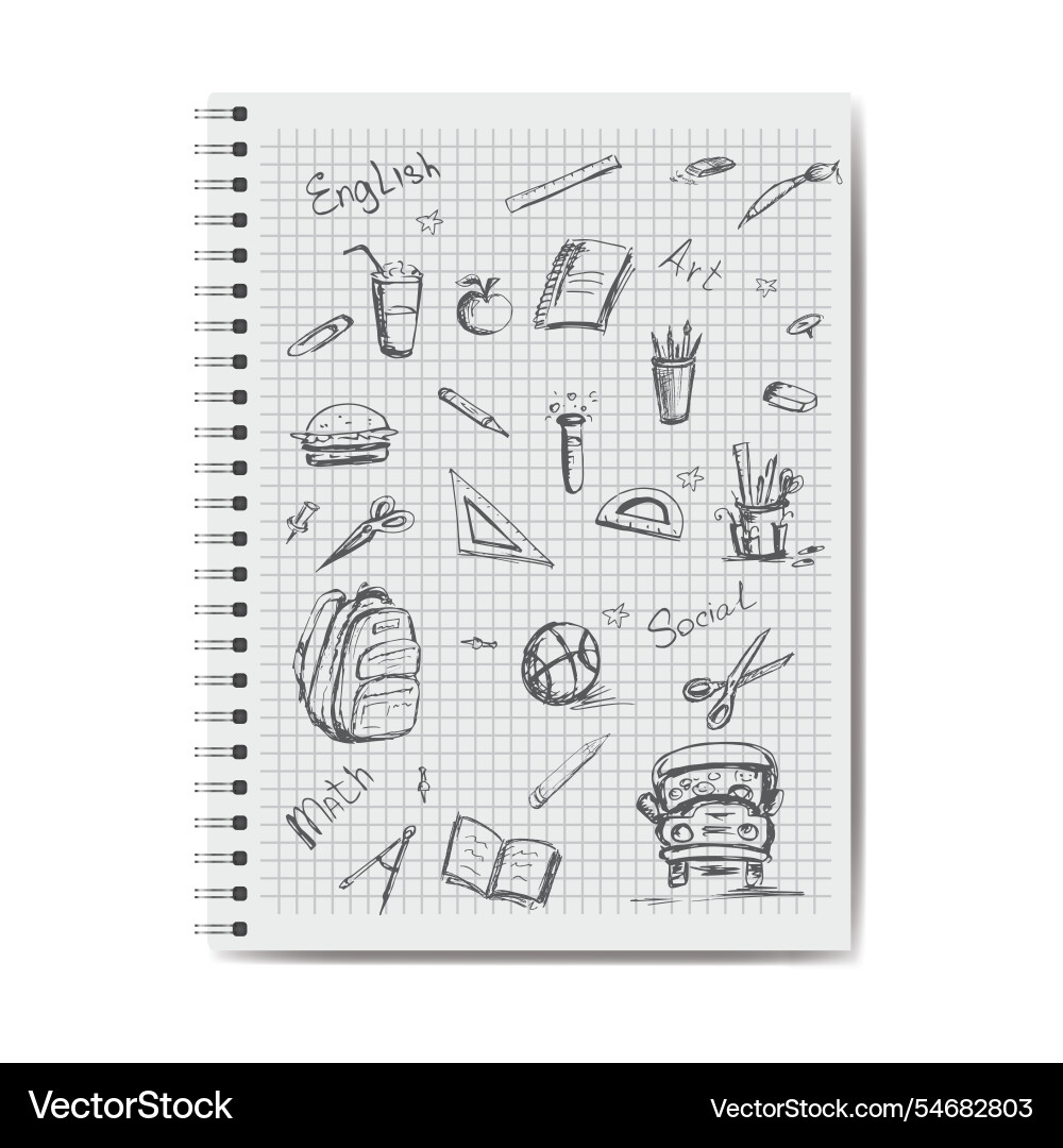 Notepad page with different hand drawn school Notepad page with different hand drawn school Vector Image