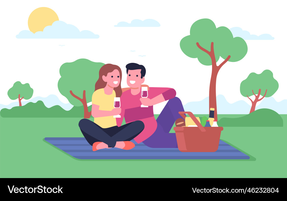 Glückliches Paar ging auf die Landschaft für Picknick junge Glückliches Paar ging auf die Landschaft für Picknick junge vektorbild