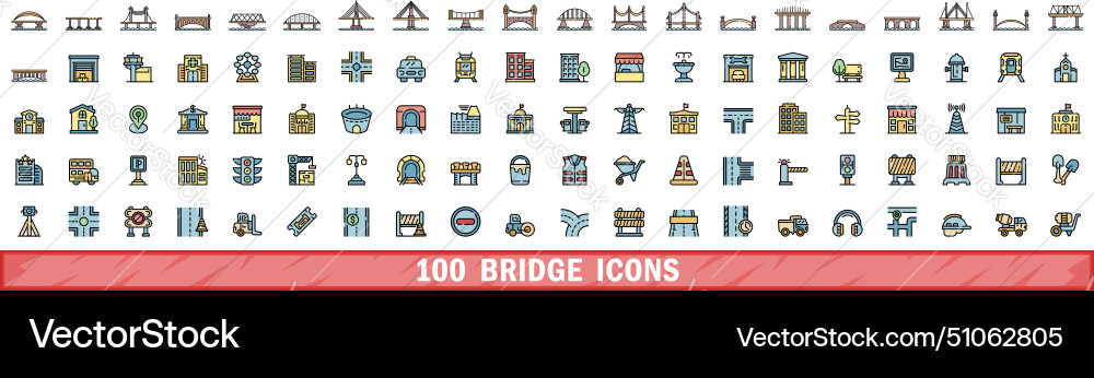 100 bridge icons set color line style 100 bridge icons set color line style vector image