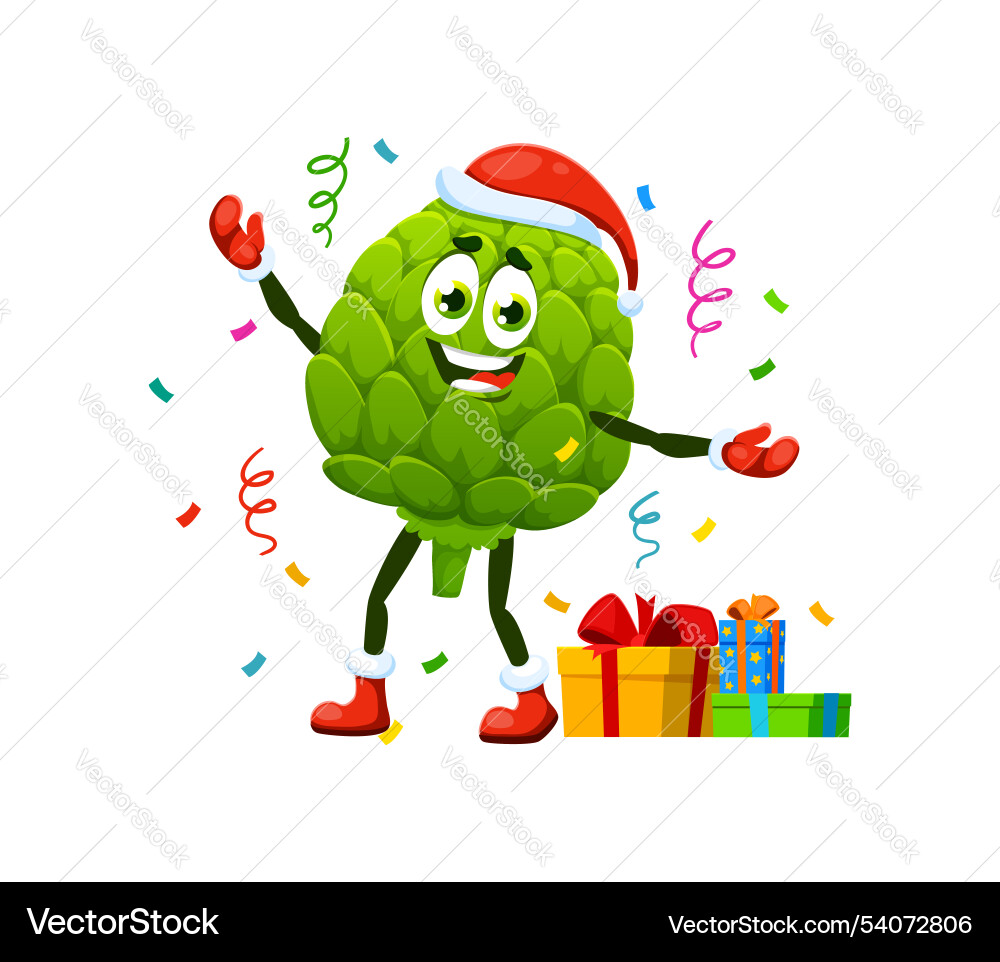 Cartoon christmas artichoke character santa gifts Cartoon christmas artichoke character santa gifts vector image
