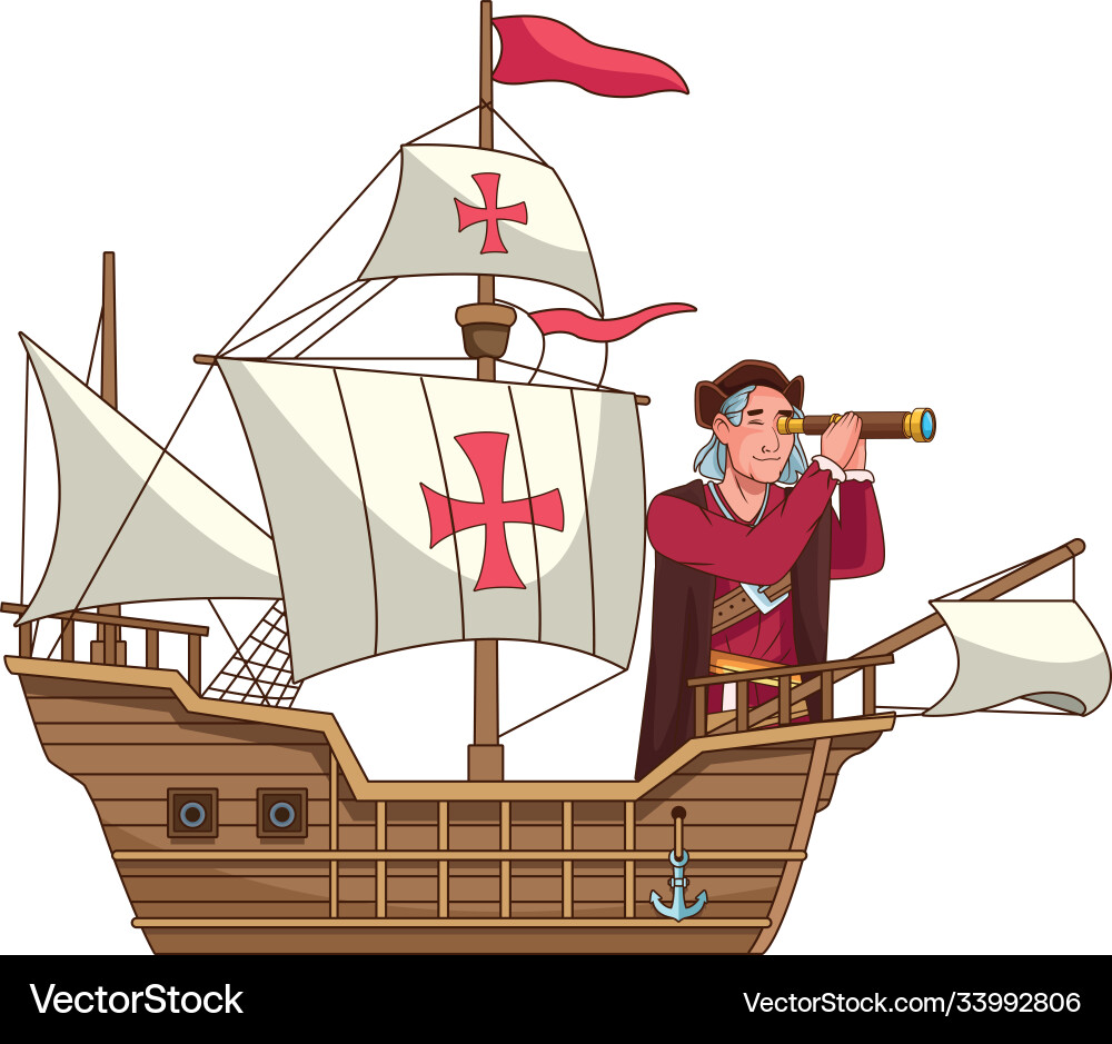 Christopher columbus with telescope in caravela Vector Image