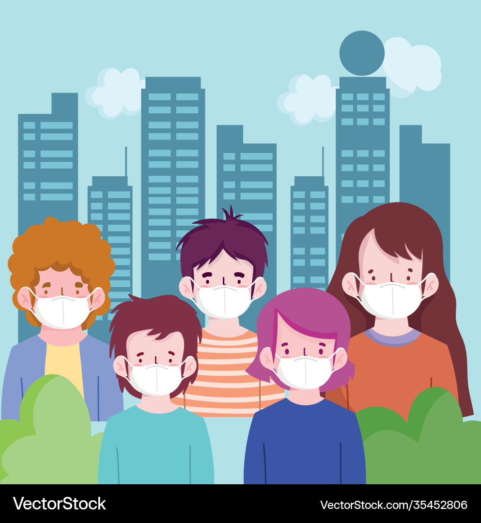 Neue normale Menschen Cartoons mit Masken in der Stadt Neue normale Menschen Cartoons mit Masken in der Stadt vektorbild