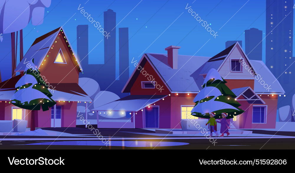 Two kids walking suburban street on christmas Two kids walking suburban street on christmas vector image