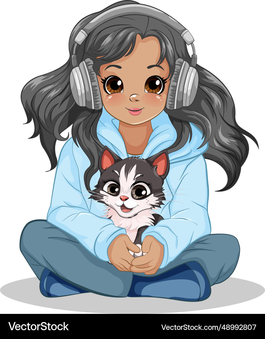 Girl holding pet sitting on the floor listening vector image