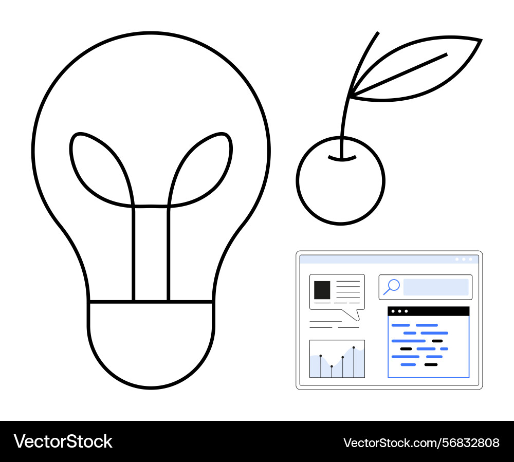 Lightbulb with leaf cherry and web interface Lightbulb with leaf cherry and web interface Vector Image