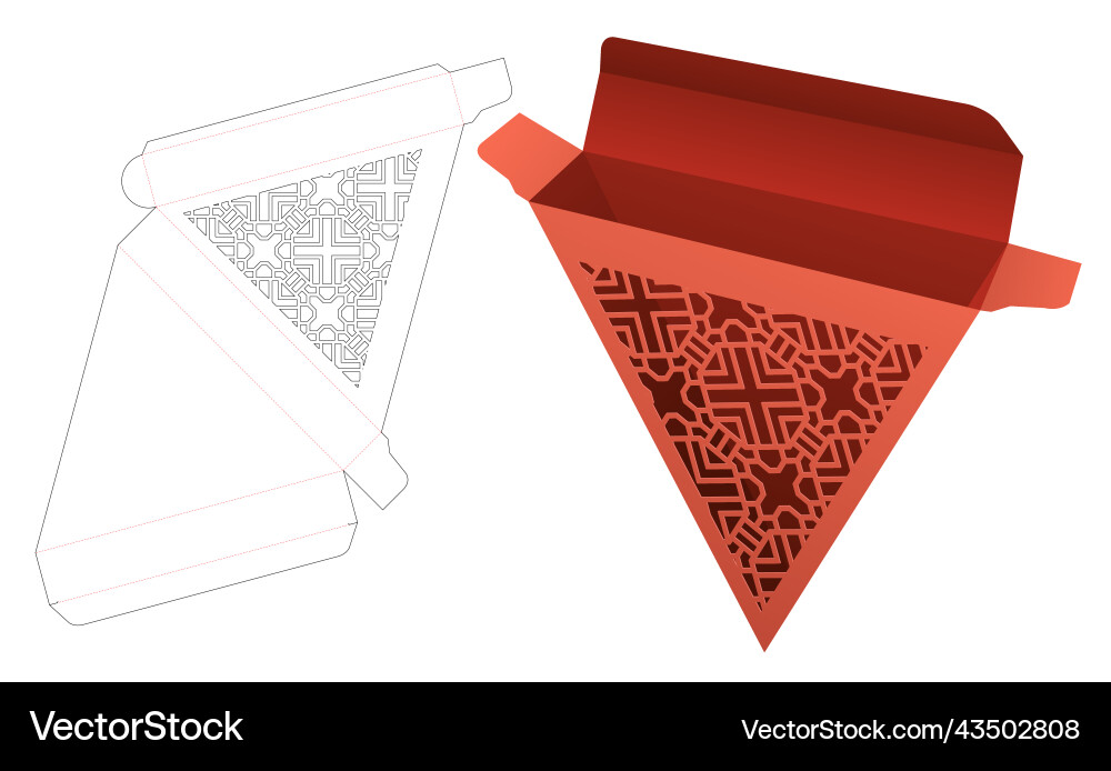 Tin triangular box with stenciled pattern die cut Vector Image