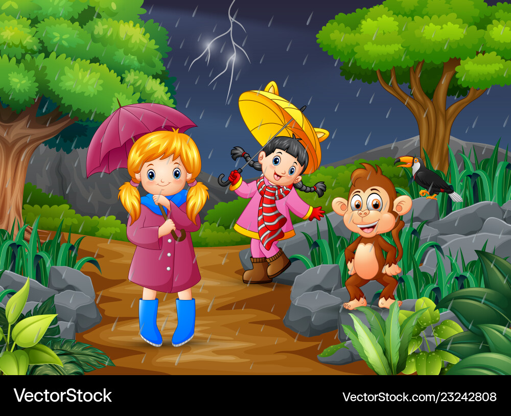 Zwei Mädchen mit Regenschirm geht unter einem Regen Zwei Mädchen mit Regenschirm geht unter einem Regen vektorbild