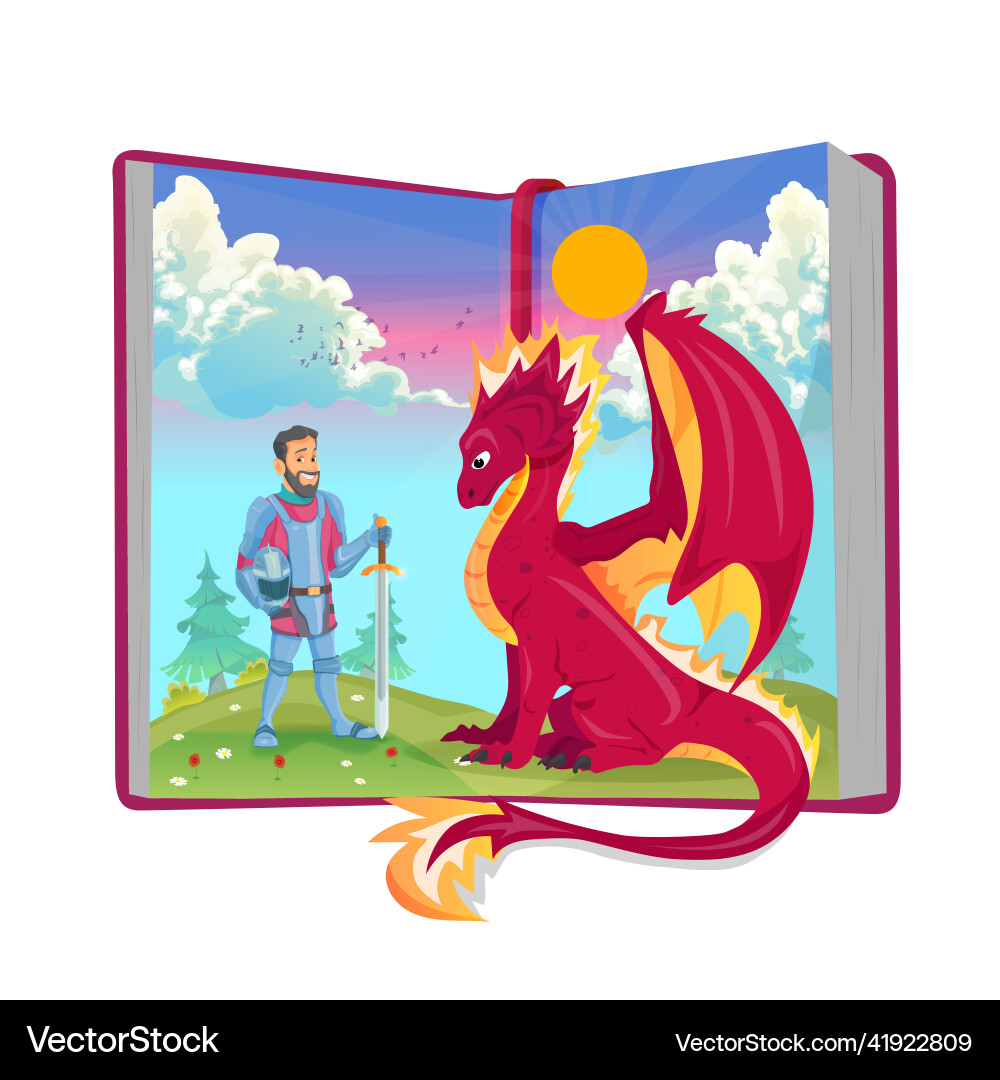 Open book of fairytales with knight sword Open book of fairytales with knight sword vector image