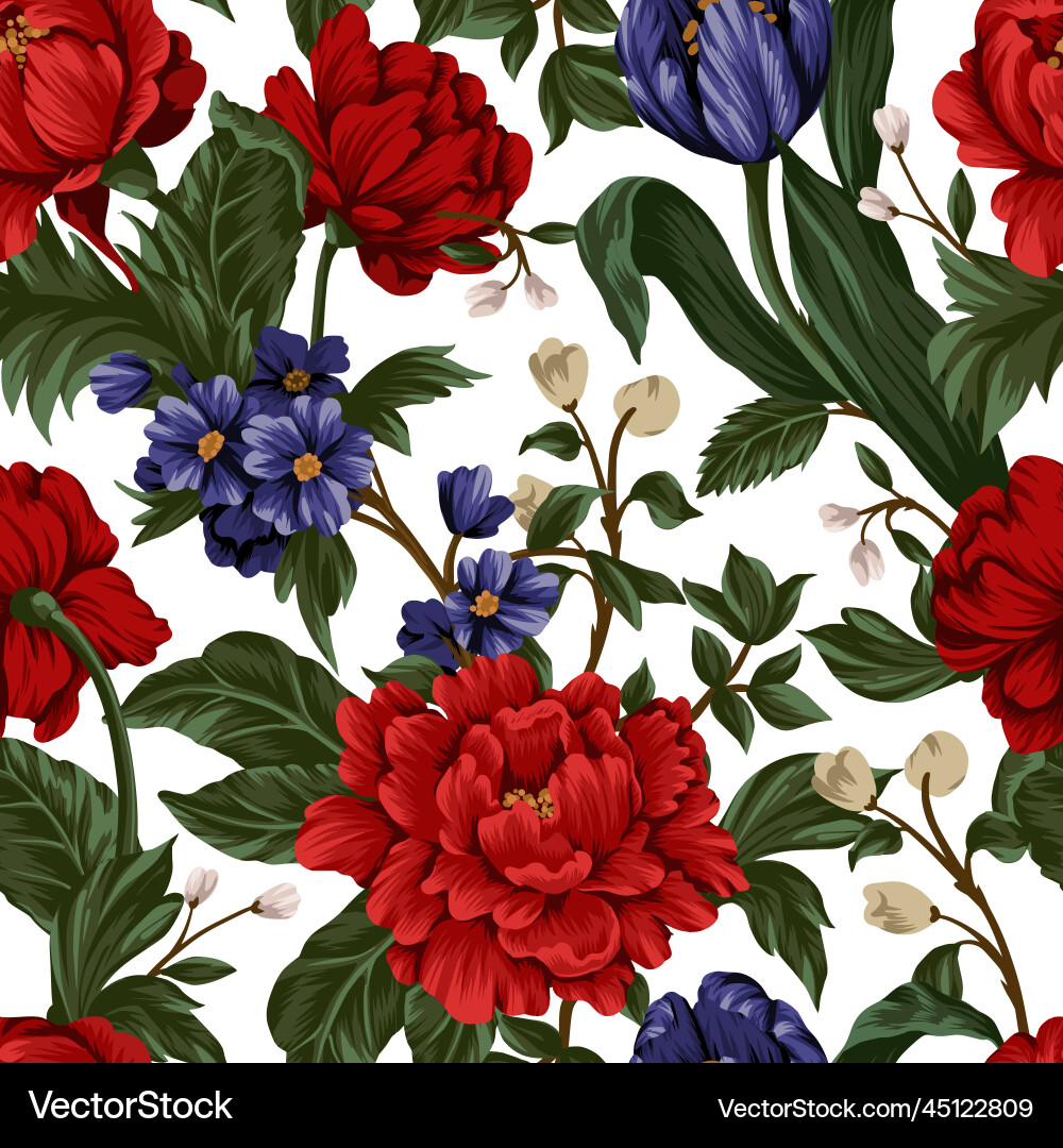 Seamless pattern with red peonies and small Seamless pattern with red peonies and small Vector Image