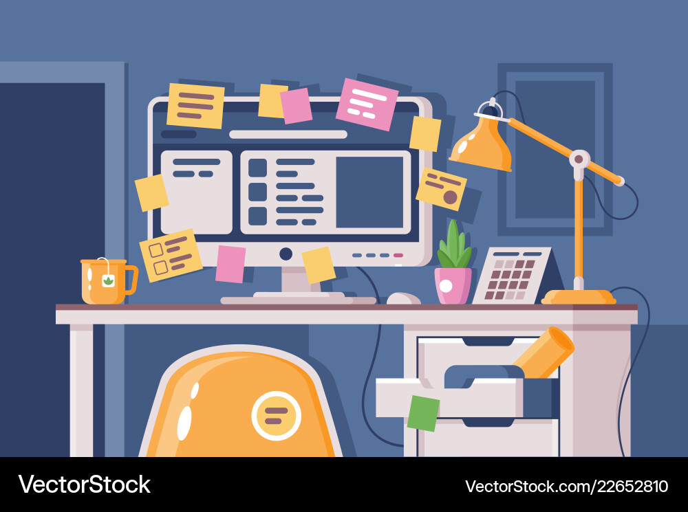 Cluttered Workspace with Computer vector image