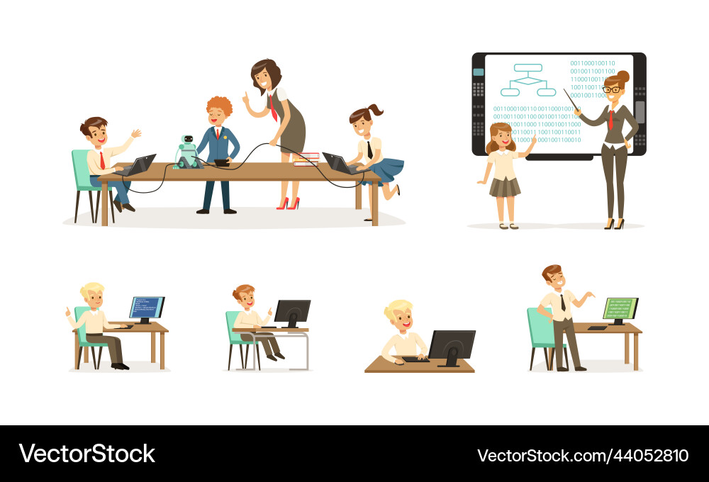 Elementary school students at programming lesson Elementary school students at programming lesson vector image