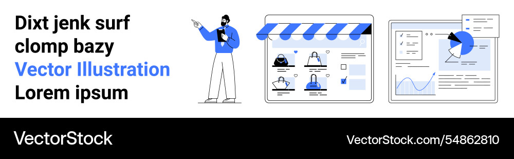 Online store setup and data analysis Online store setup and data analysis vector image